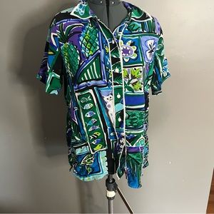 Bob Mackie Silk Button Down Short Sleeve Animal Print Blouse